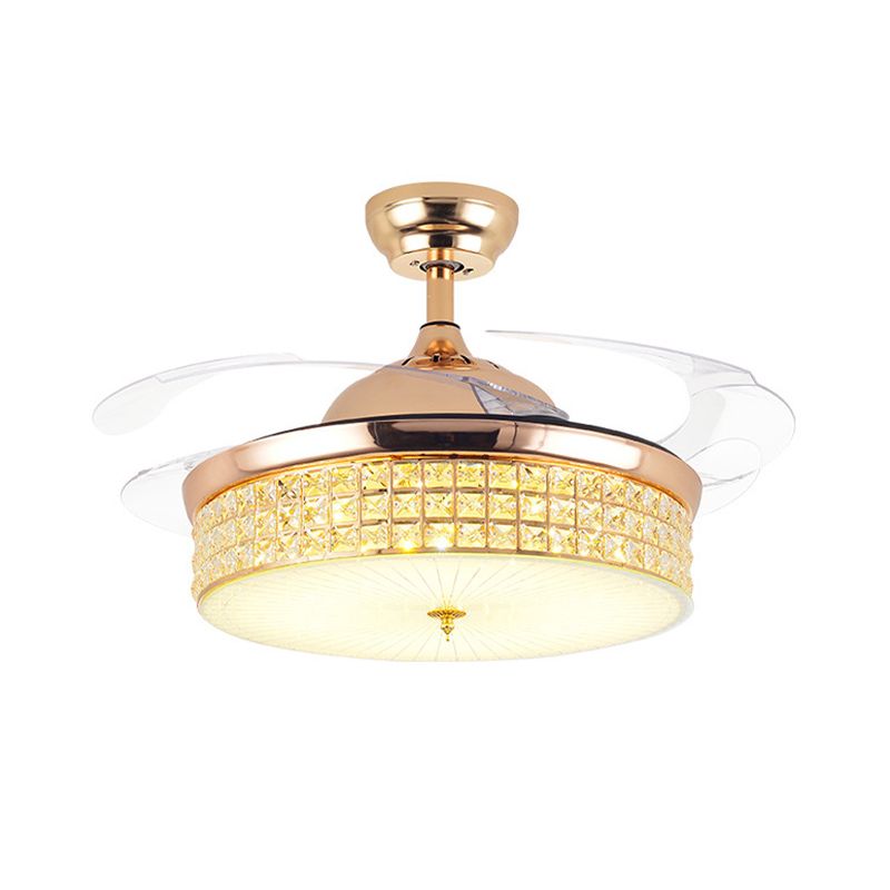 Crystal Round Ceiling Fan Light Contemporary LED Ceiling Mounted Fixture in Gold with 4 Acrylic Blades