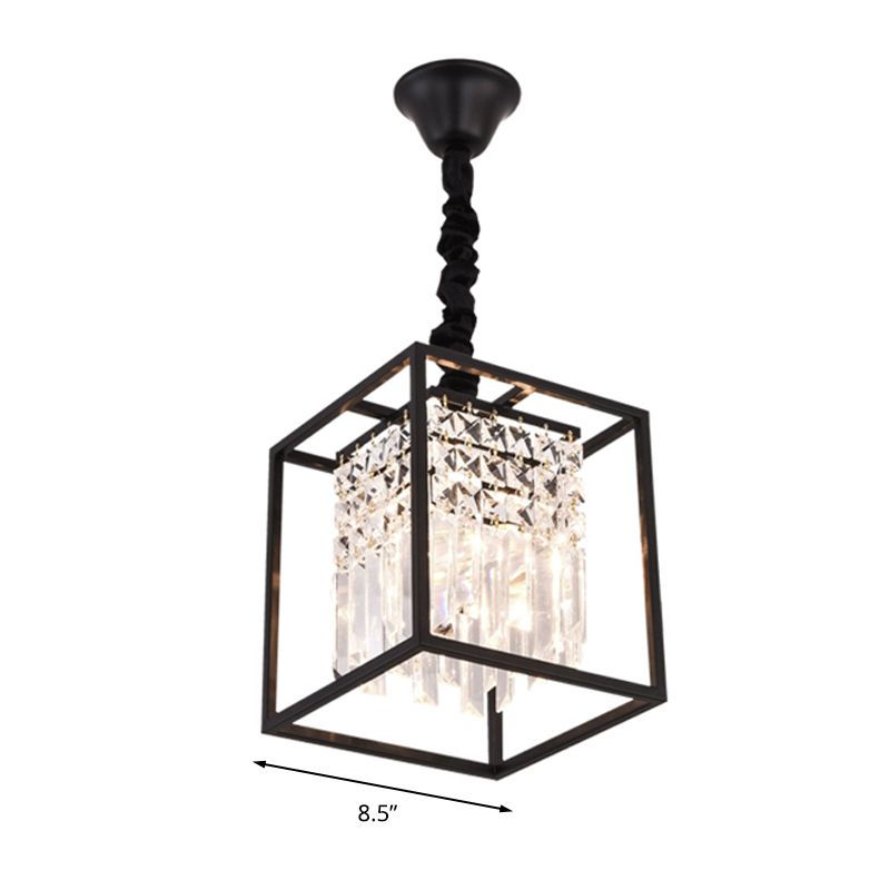 Black Square Suspension Lighting Modernism Three Sided Crystal Rod 2 Heads Corridor Pendant Chandelier