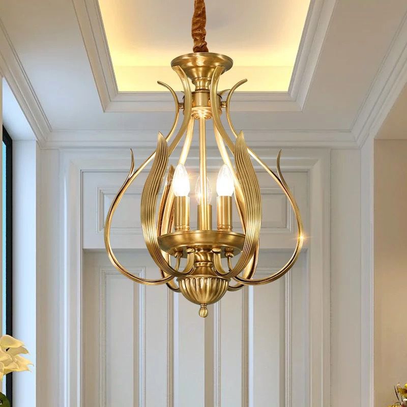 3 Bulbs Candle Hanging Chandelier Colonial Gold Metal Ceiling Suspension Lamp for Restaurant