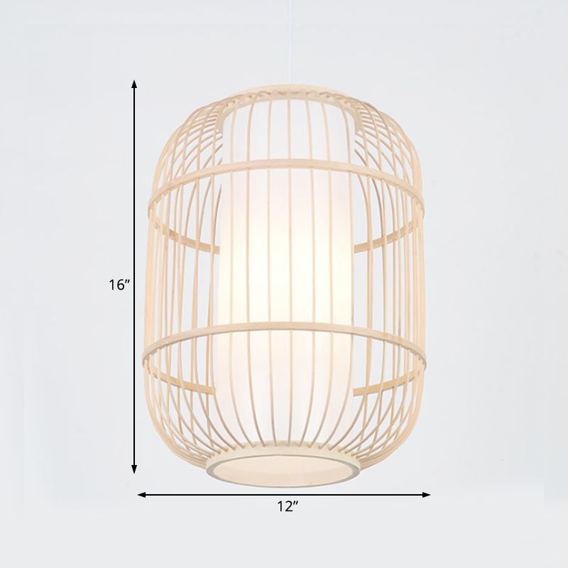 Lampade a sospensione del cilindro in stile asiatico Bamboo 1 Testa Soggiorno Aitura del soffitto in beige, 16 "/19.5" W