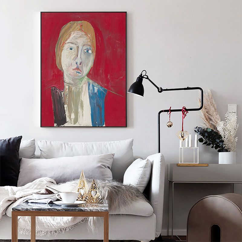 Oil Painting Scandinavian Style Art Girl's Front Face in Red, Multiple Sizes Options