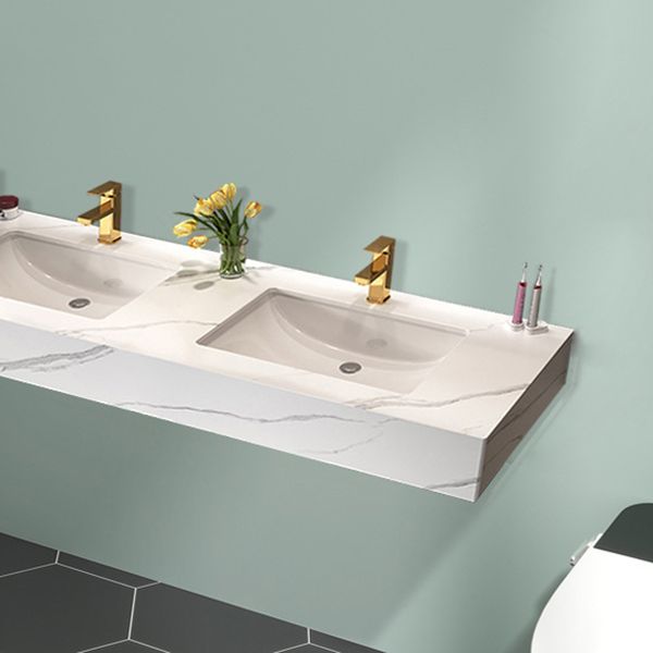 Stone Vanity White Wall Mount Double Sink Waterproof Bath Vanity with Mirror