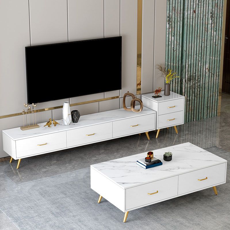 Modern TV Media Stand with Gold Metal Legs Stone Top Media Console with Drawers