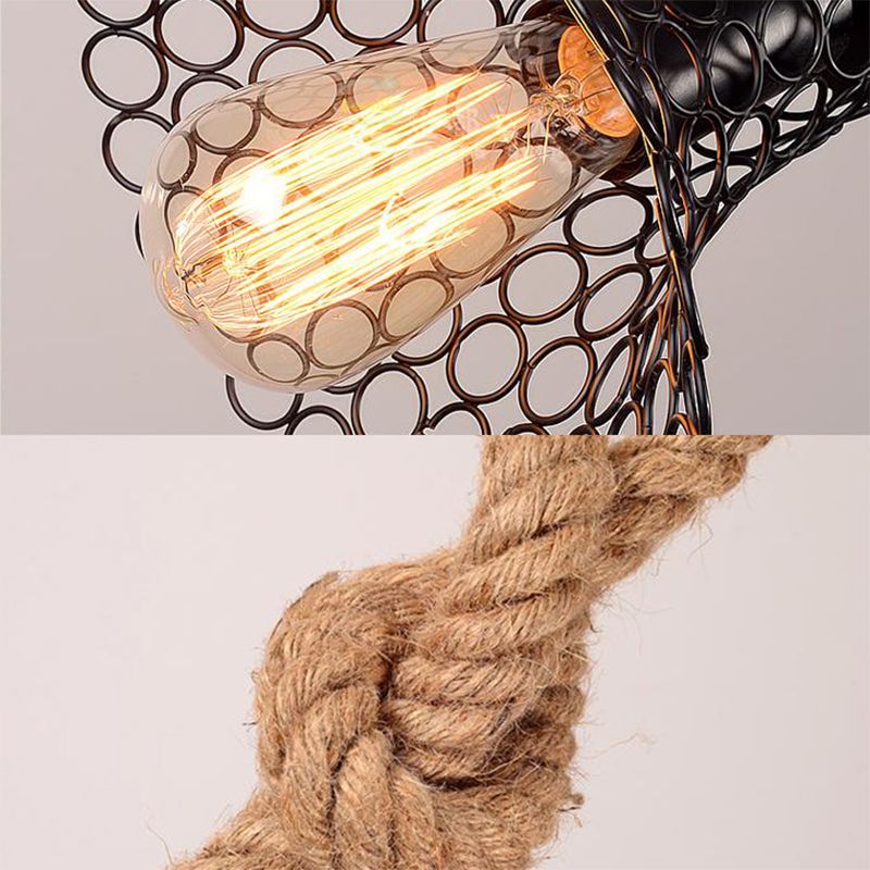 Pendre de trompette métallique avec une teinte en maille et une corde Rustic Retro 1 Balcone de lumière suspendue en noir