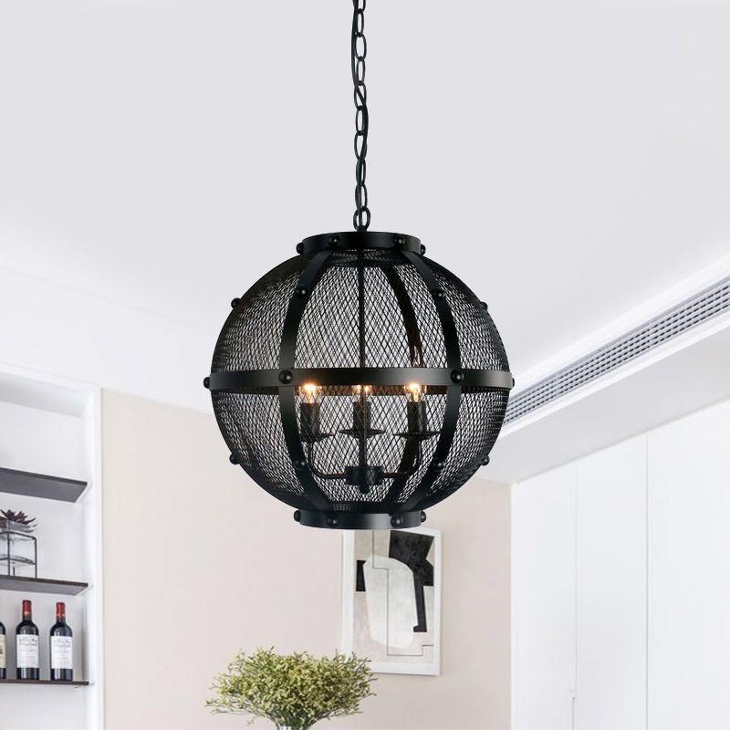 Global Metal Hanging Pendant with Wire Mesh Shade Retro Style 3 Lights Farmhouse Ceiling Fixture in Black