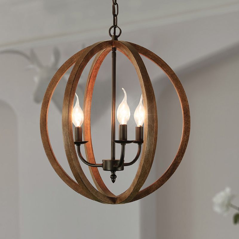 Wooden Spherical Hanging Fixture Loft Industrial 3 Lights Chandelier Pendant Light in Brown for Dining Room