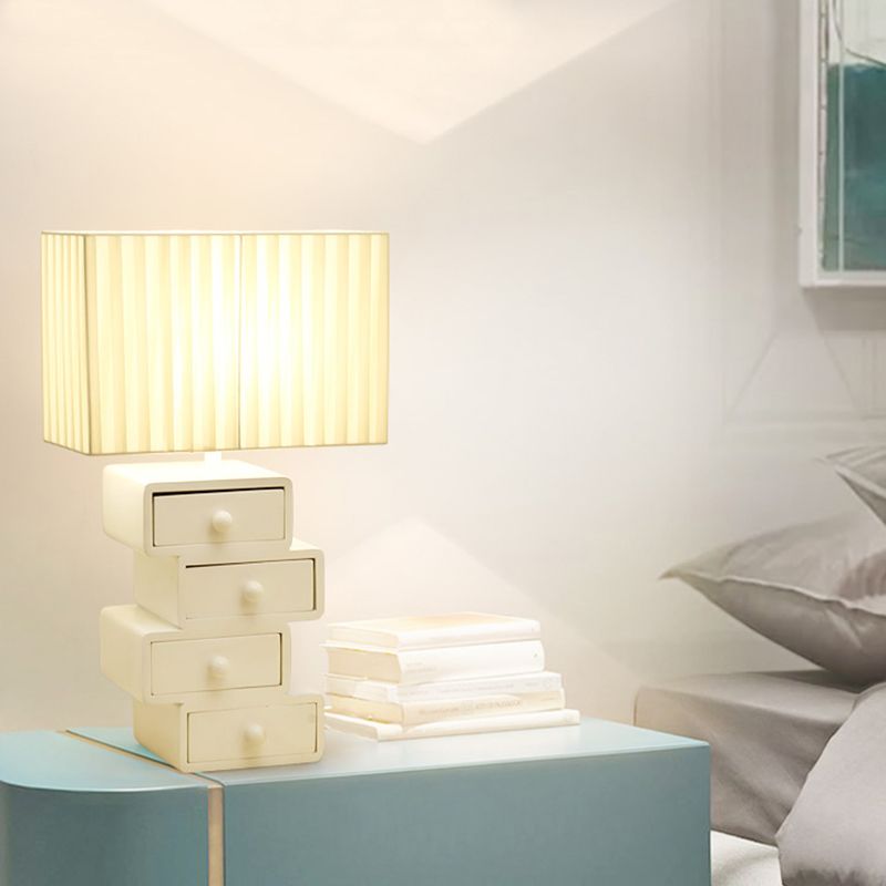 Rectangle Fabric Table Light Contemporary 1 Head White Nightstand Lamp with Drawer Wood Base