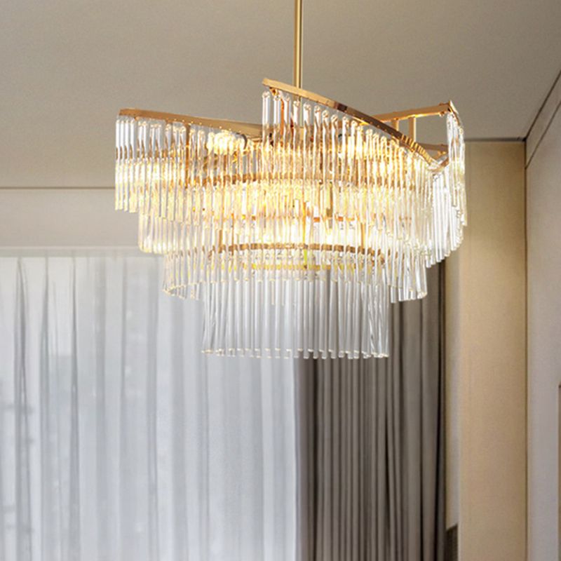 Spiral Pendant Chandelier Modern Crystal Rod 9 Heads Gold Hanging Light Fixture for Living Room