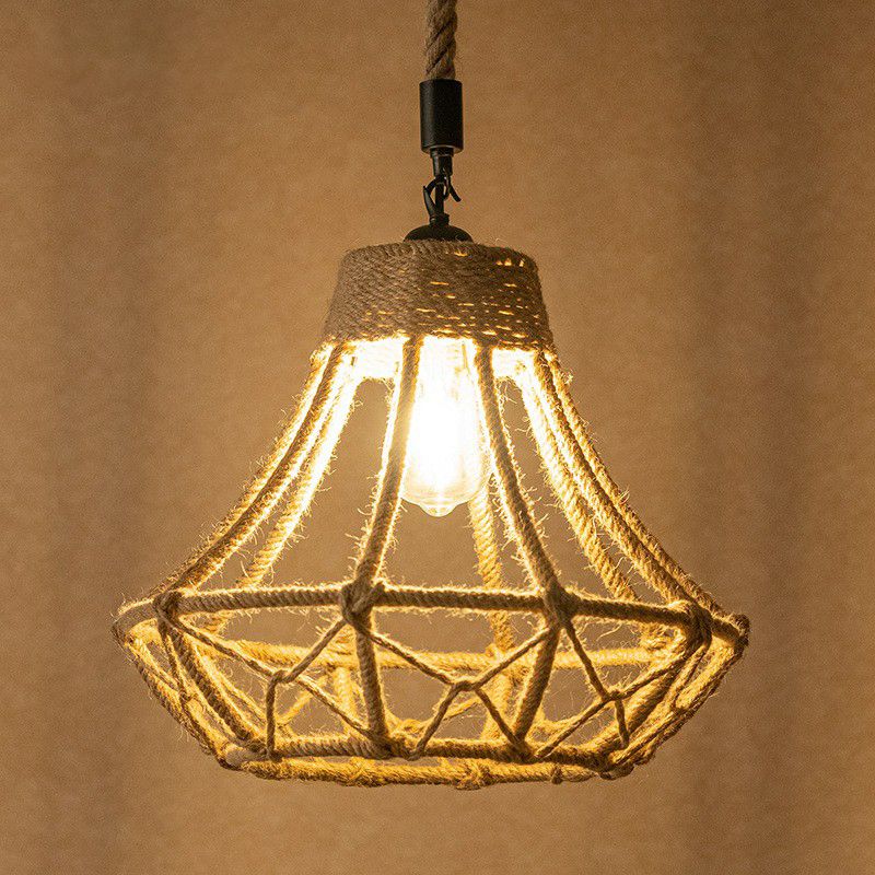 Lodge Diamond Shaped Drop Pendant 1 Bulb Hemp Hanging Ceiling Light in Brown for Cafe