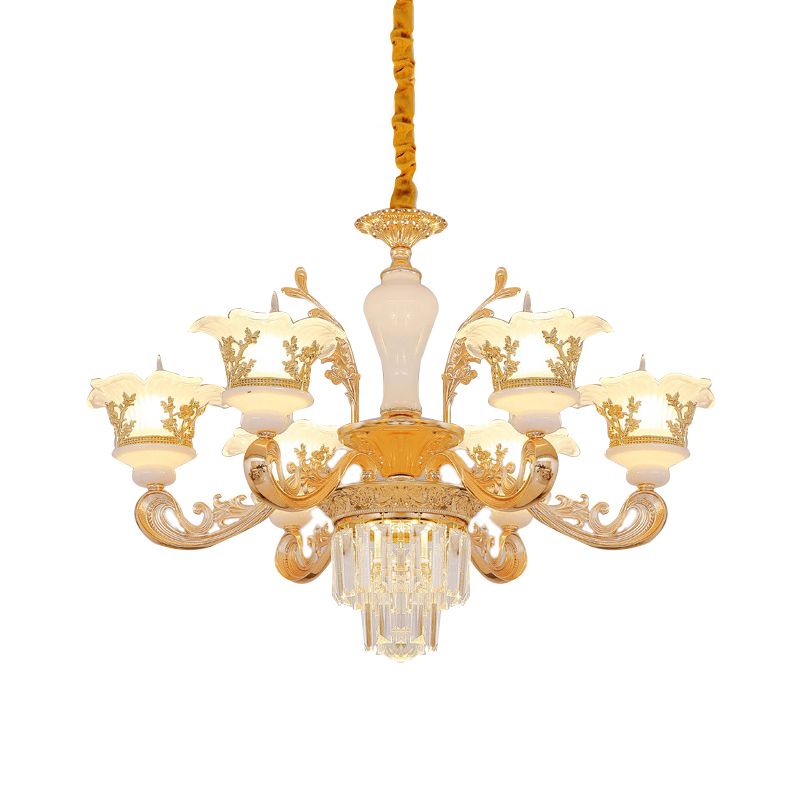 Postmodern Blossom Pendant 6 Lights Carved Cream Glass Chandelier in Gold with Crystal Accent