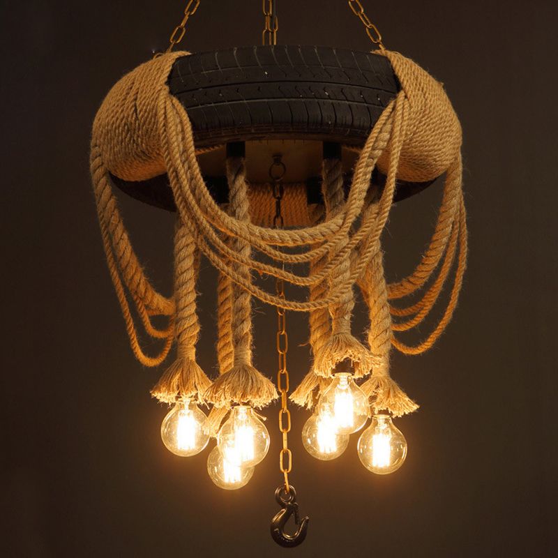 Black Tyre Hanging Chandelier Warehouse Rope 5 Lights Restaurant Suspension Pendant Light