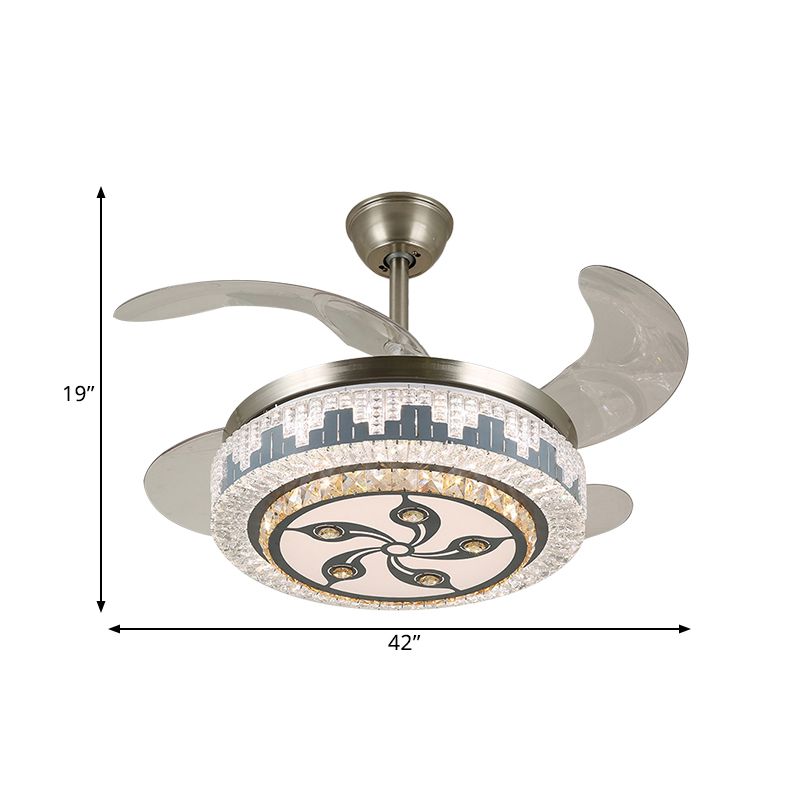 Stainless-Steel LED Hanging Fan Lamp Modern Clear Crystal Blocks Round Semi Flush Light with 4 Blades, 19" Width
