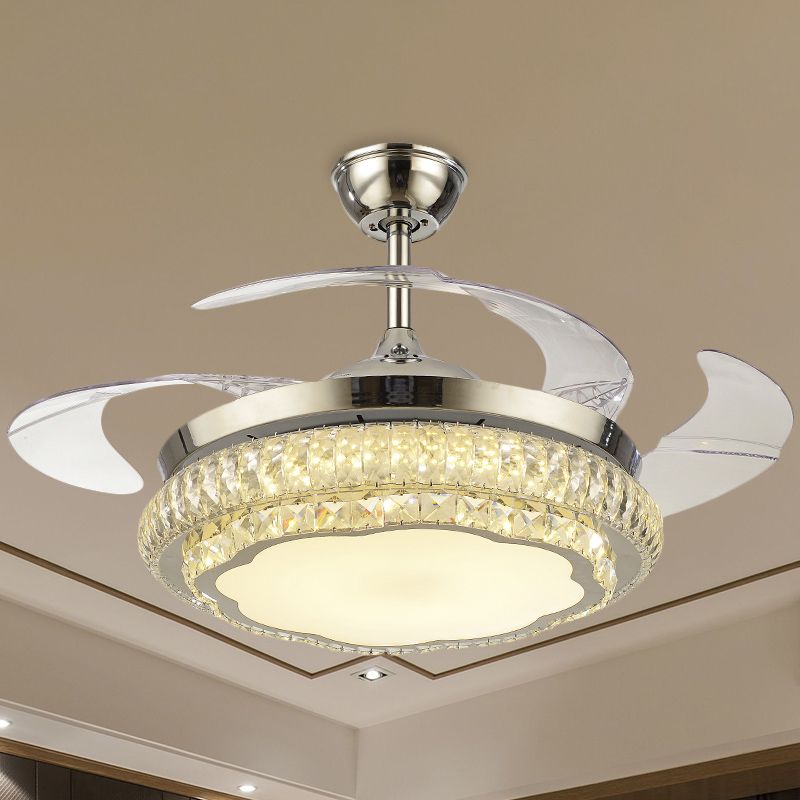 Ronde kristal spoelventilator met 4 bladen Minimalistische woonkamer 42,5 "W LED Semi Flush Light in zilver