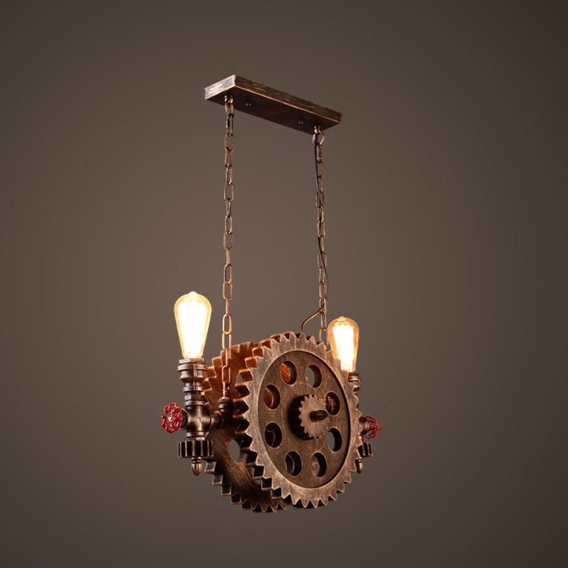 2-Light Chocolate Bronze Metal Ceiling Hung Fixtures Vintage Cog Top Shape Pendant Lighting