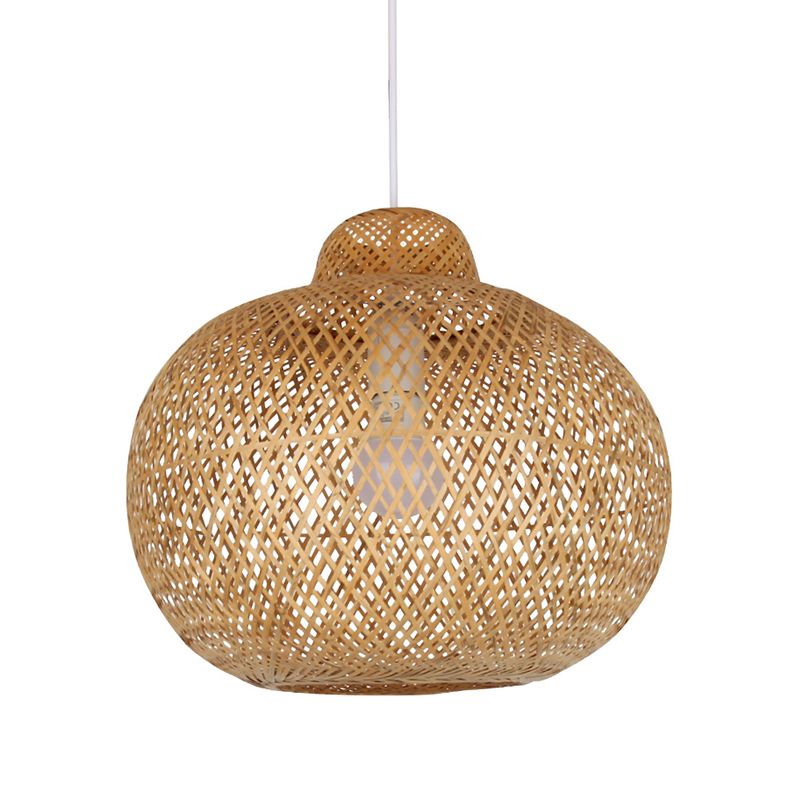 Cross Weaving Lantern Pendant Light Chinese Bamboo Single Khaki Ceiling Suspension Lamp