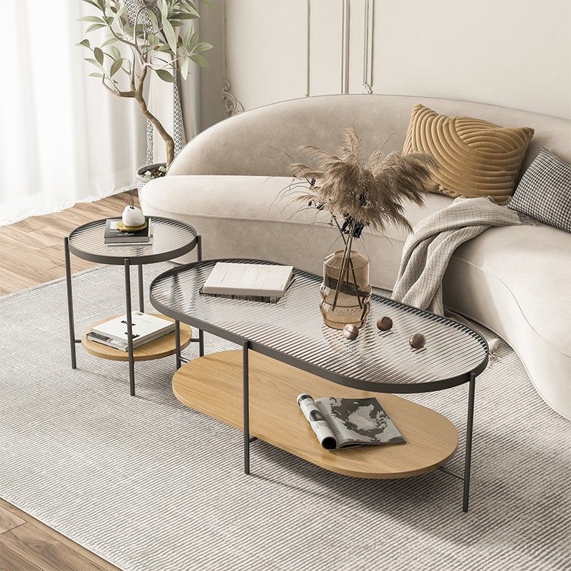 Four Legs Oval Coffee Table Glass Top Minimalist Modern Coffee Table