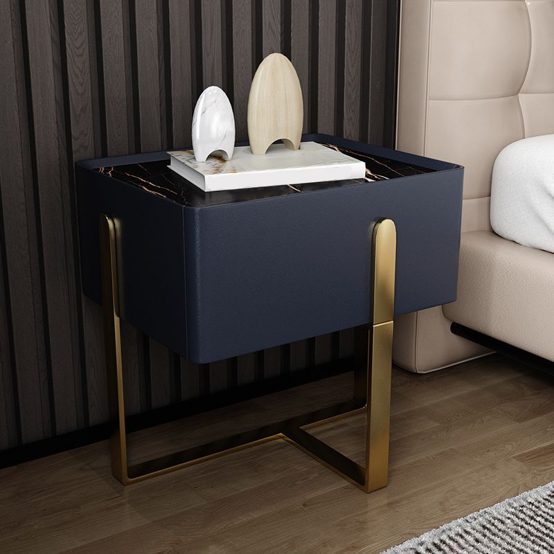 Glam Leather Nightstand Stone Top One-Drawer Night Table with Metal Frame