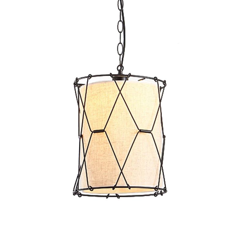 Metal Crossed Drum Cage Pendant Farmhouse 10"/16.5" W 1 Light Dining Room Hanging Light Fixture in Beige with Fabric Shade