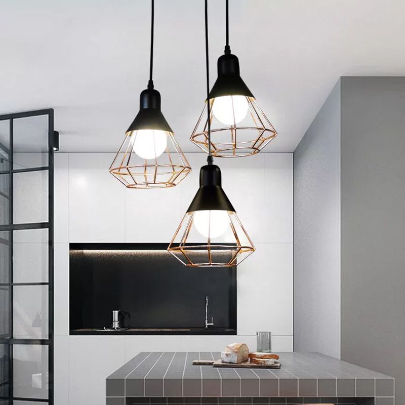 Black and Rose Gold 1-Bulb Drop Pendant Loft Style Iron Cone/Cage Ceiling Hang Light over Dining Table