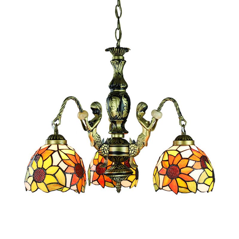 3 Lights Dining Room Ceiling Lamp Baroque Orange Chandelier Pendant Light with Sunflower Stained Glass Shade