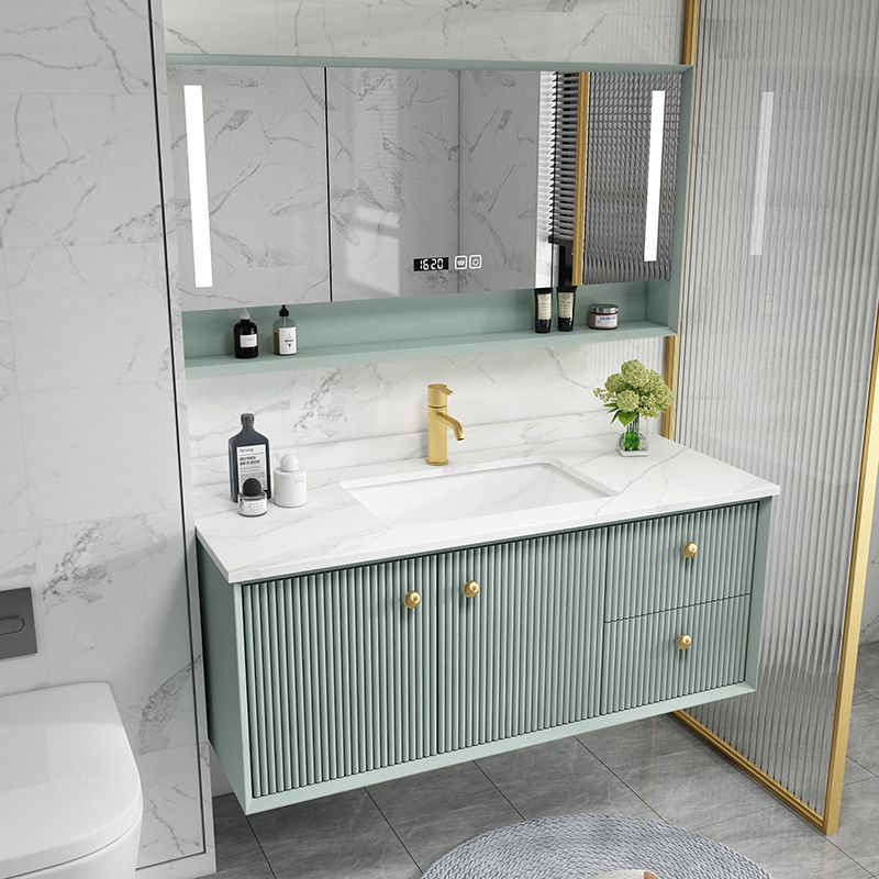 Wood Frame Vanity Glam Green Single Sink Mirror Wall-Mounted Bath Vanity with Drawers