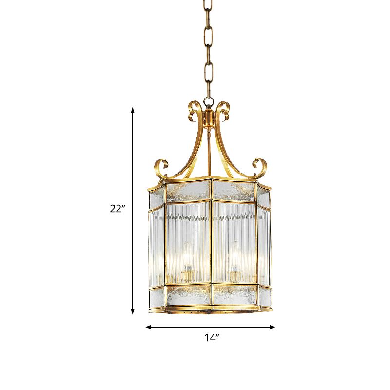 22"/23" H 4 Bulbs Cylinder Pendant Lamp Colonial Gold Clear Prismatic Glass Chandelier Light Fixture for Living Room