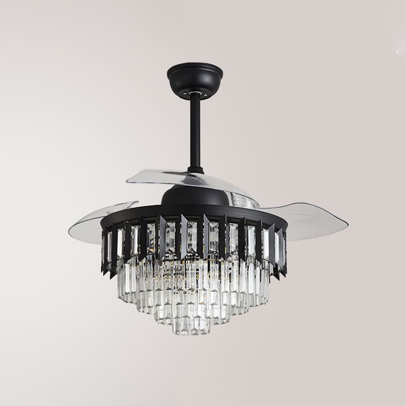 Layered Crystal Black/Gold Ceiling Fan Tapered Drum 3-Blade Postmodern LED Semi Flush Light, 42.5" Width