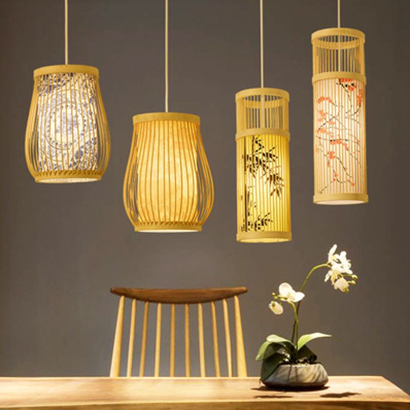 Chinoiserie Woven Hanging Light Fixture Bamboo Single Tea Room Ceiling Light with Print Lampshade