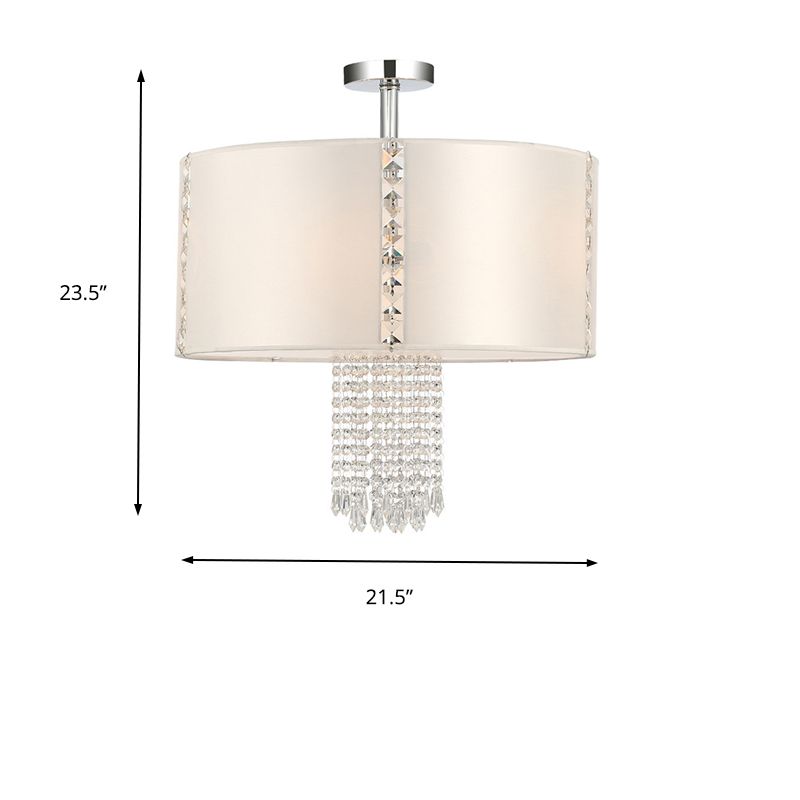 Contemporary 5 Lights Chandelier with Fabric Shade White Round Drop Pendant with Crystal Beans