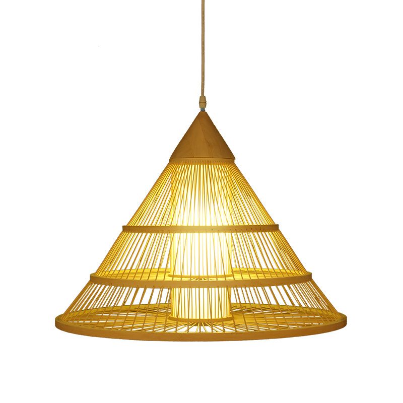 Asian Style Single Head Ceiling Pendant Light Beige Wide Flare Suspended Lighting Fixture with Bamboo Shade