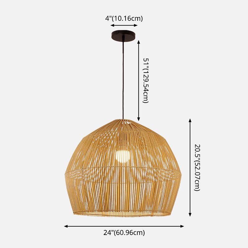 Round Pendant Lighting Fixture Asian Style 1-Bulb Wood Suspension Light for Balcony