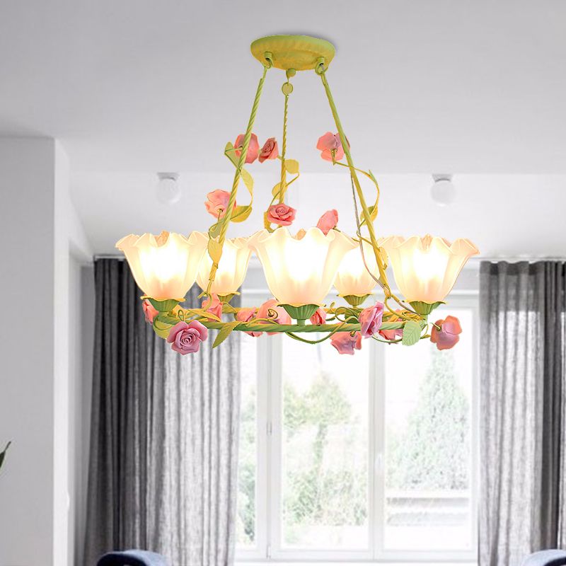 Opal Glass Scalloped Chandelier Lighting Korean Garden 5 Lights Bedroom Ceiling Lamp in Pink/Yellow