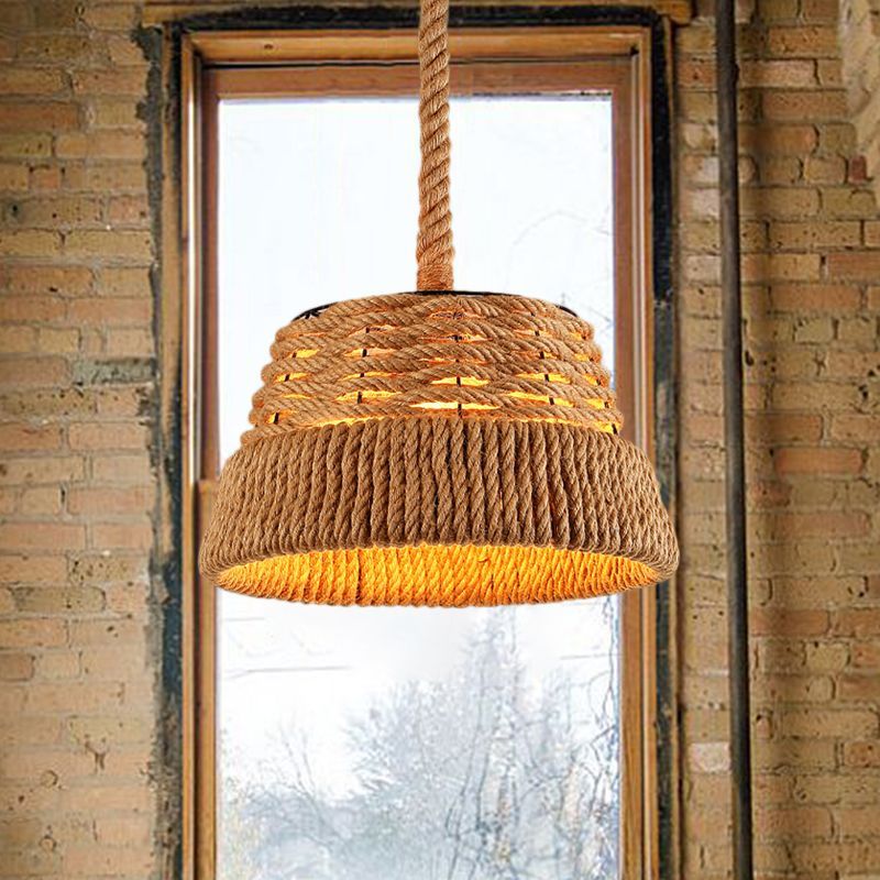 1 Head Cone Pendant Light Countryside Beige Natural Rope Hanging Light Fixture for Dining Room