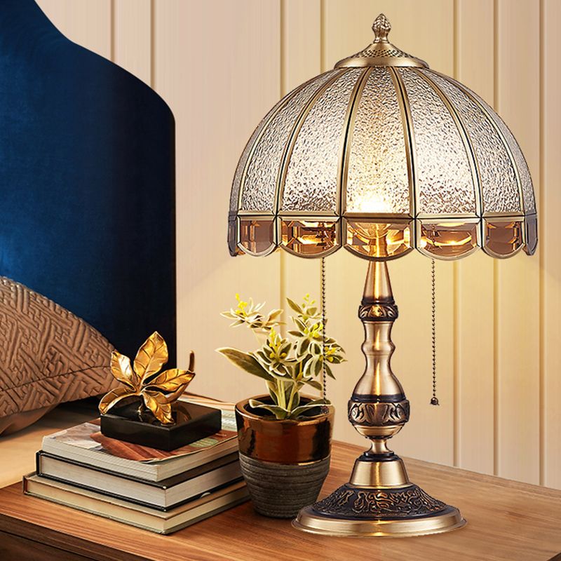 Hemispherical Bedroom Table Light Antique Textured Glass 1-Light Bronze Nightstand Lamp with Pull Switch