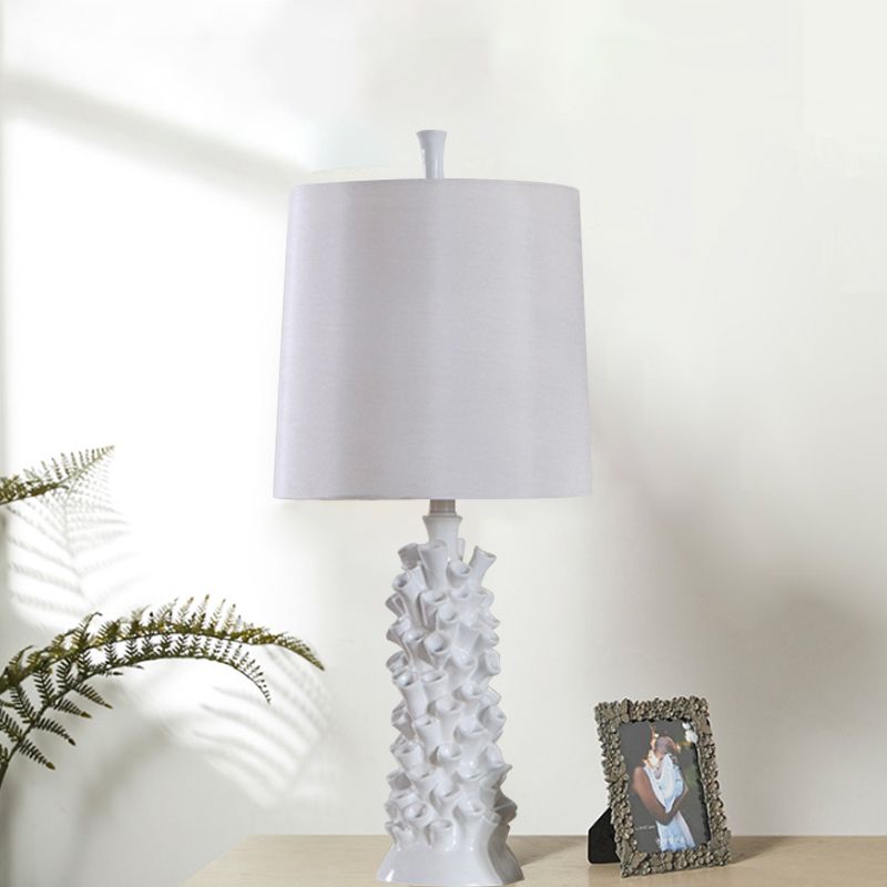 Barrel Shade Night Table Lamp Antiqued 1 Head Fabric Desk Light in White with Resin Base