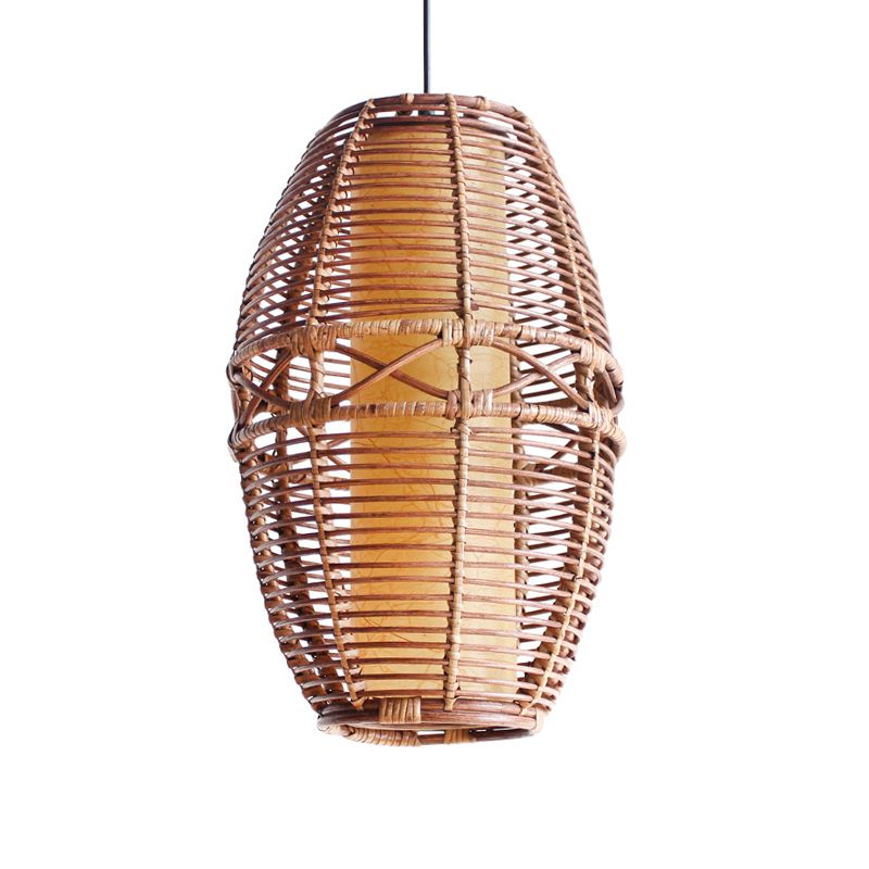 Brown Lantern Pendant Lamp Asia 1 Bulb Bamboo Hanging Light Fixture with Inner Tube Parchment shade