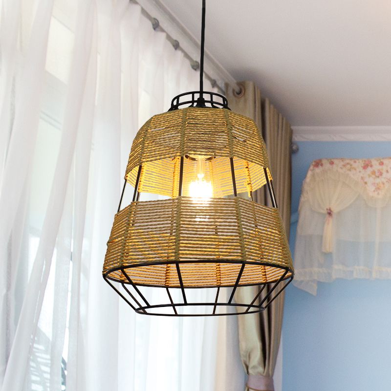 Barrel Metal Cage Hanging Lamp Chinese Straw Rope 1-Light Beige Drop Ceiling Light for Living Room Restaurant