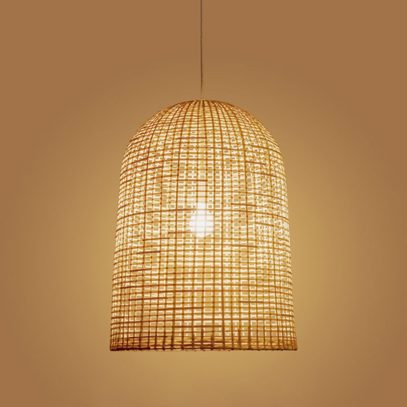 1-Light Restaurant Ceiling Pendant Chinese Beige Pendant Lighting with Elongated Grid Bamboo Shade