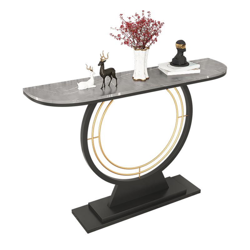 Iron Pedestal Base Accent Table with Half Moon Stone Top Cosnole Table