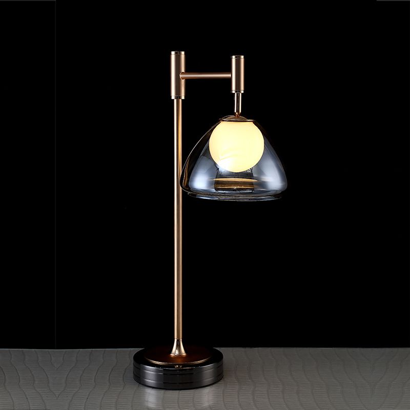 Brass Conic Night Table Light Modernist Smoke Gray/Cognac Glass LED Nightstand Lamp for Bedside