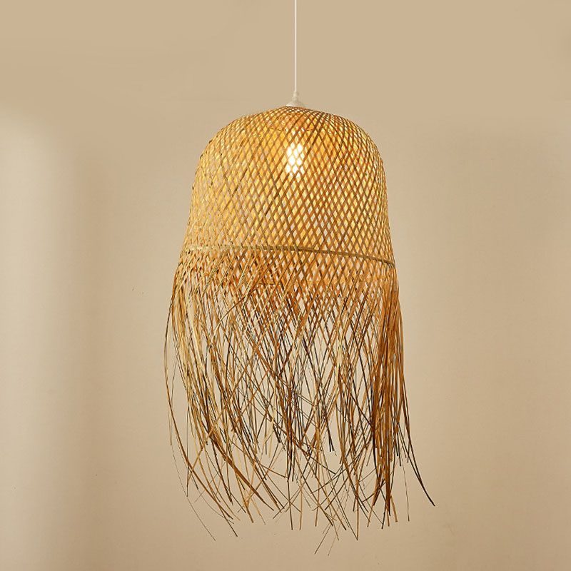 Wevende koepel hanglamp lichtarmatuur Aziatische bamboe 1-licht eetkamer plafondlamp met rand in hout