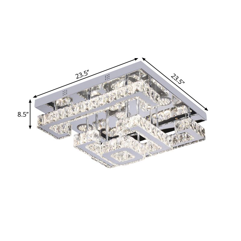 LED Guest Room Semi Flush Minimalist Chrome Ceiling Lamp with Tiered Square Crystal Shade