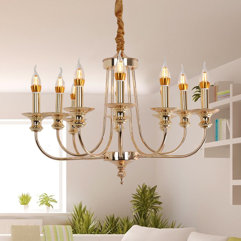 Candelabra Living Room Chandelier Light Fixture Colonialist Metal 10 Lights Gold Drop Pendant with Curvy Arm