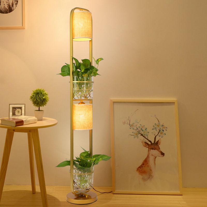 Cylindrical Fabric Floor Lamp Modern 2 Heads Standing Floor Light with Glass Plant Jar