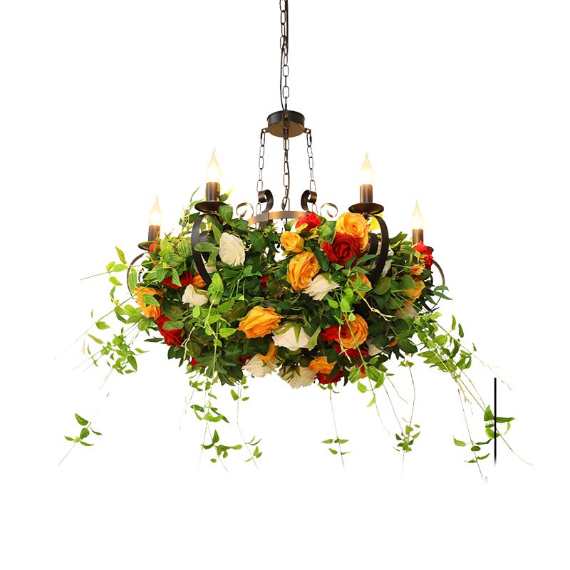 Metal Black Chandelier Lamp Rose 6 Lights Industrial LED Hanging Ceiling Light with Plant Decor