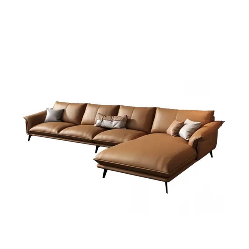 Orange Sponge Padded Leather Sofa with Pillow Back and Flared Armrest Sectional