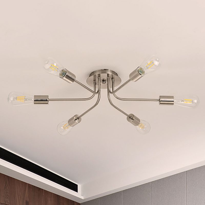 Industrial Style Branch Semi Mount Lighting Metallic 6 Lights Ceiling Flush Mount with Exposed Bulb in Brass/Nickel