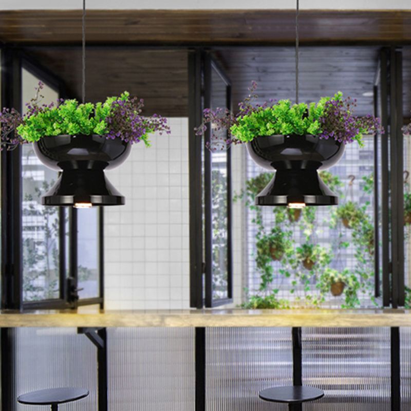 Lámpara colgante de metal de 1 cabeza de 1 cabezal con forma de restaurante con decoración de plantas de forma de maceta negro con decoración de plantas