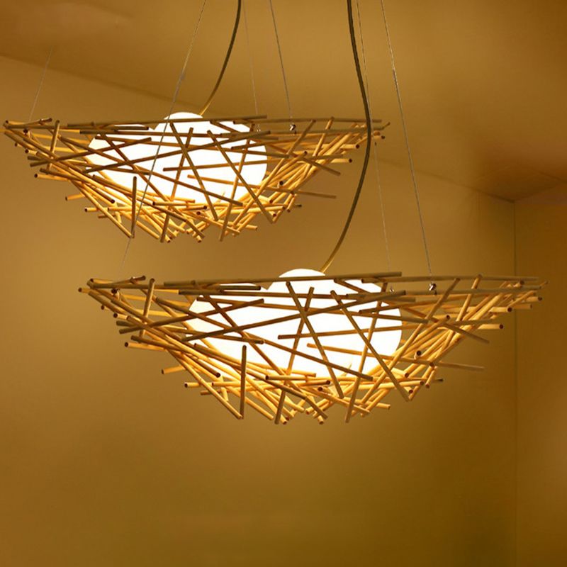 Birgin Suspension Birdnest Pendant Contemporain Wood 1 Bulbe Beige Hanging Light Kit, 16,5 "/24.5" de large