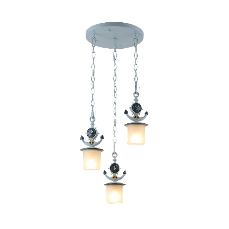 Kids Cylindrical Cluster Pendant Light Opal Glass 3 Bulbs Bedroom Down Lighting in Blue with Round/Linear Canopy